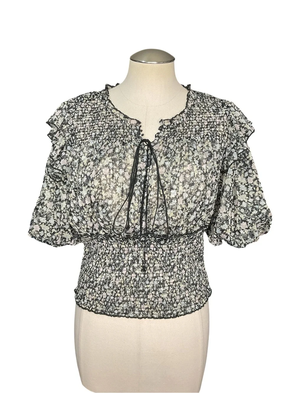 Free People NWT Floral Smocked Peplum Blouse Black Ivory Size M